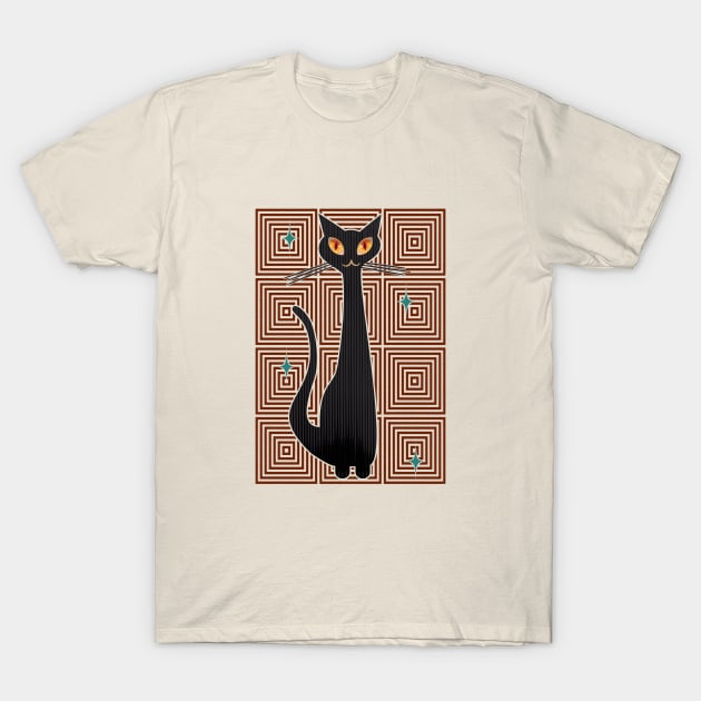 Op-Art Hip Cat Mid Century Anime (red background) T-Shirt by SunGraphicsLab